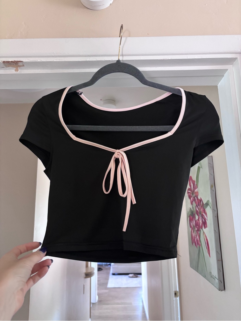 Black Crop Top with Pink Trim Tie Front - Women